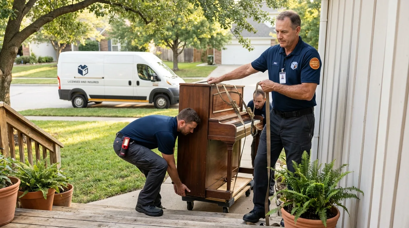 Licensed piano movers securing grand piano in South Windham, CT