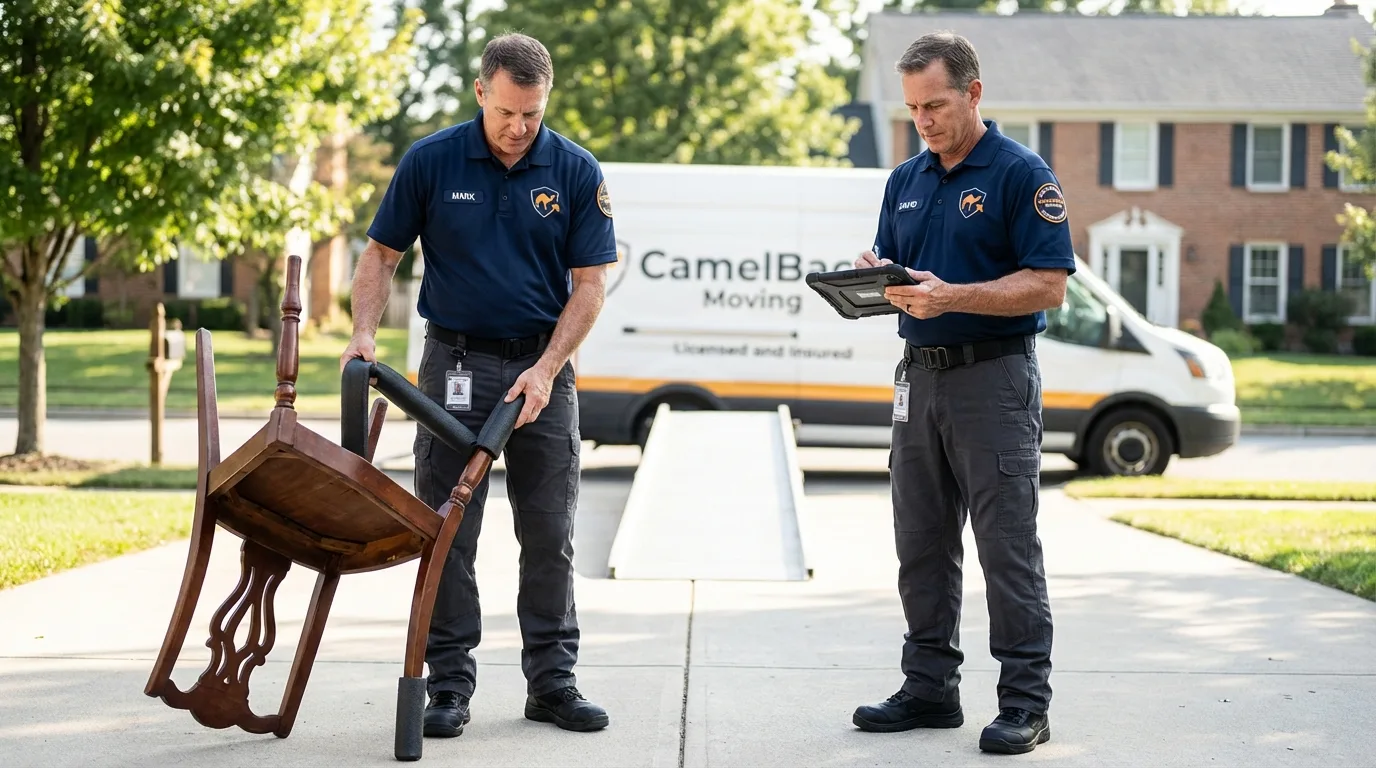 Movers inspecting furniture for damage prevention before loading in South Windham, CT