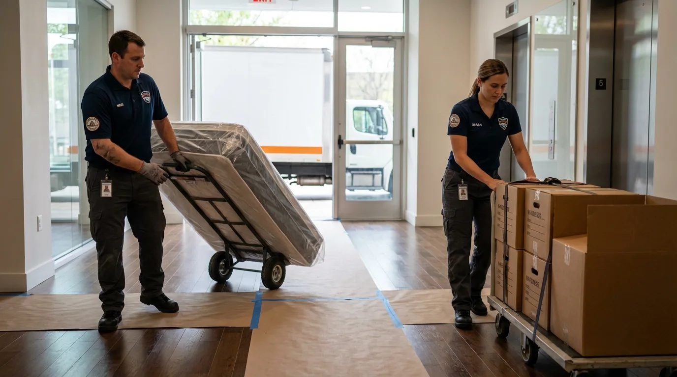 Professional apartment movers loading elevator in South Windham, CT