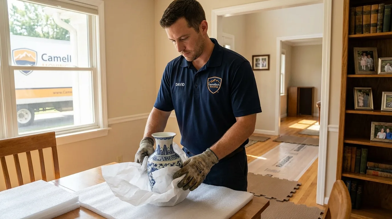 Professional crew carefully wrapping antique vase for senior downsizing move in South Windham, CT