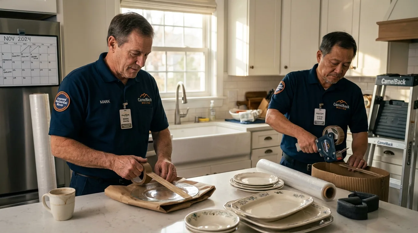 Professional crew packing kitchen dishware in South Windham, CT